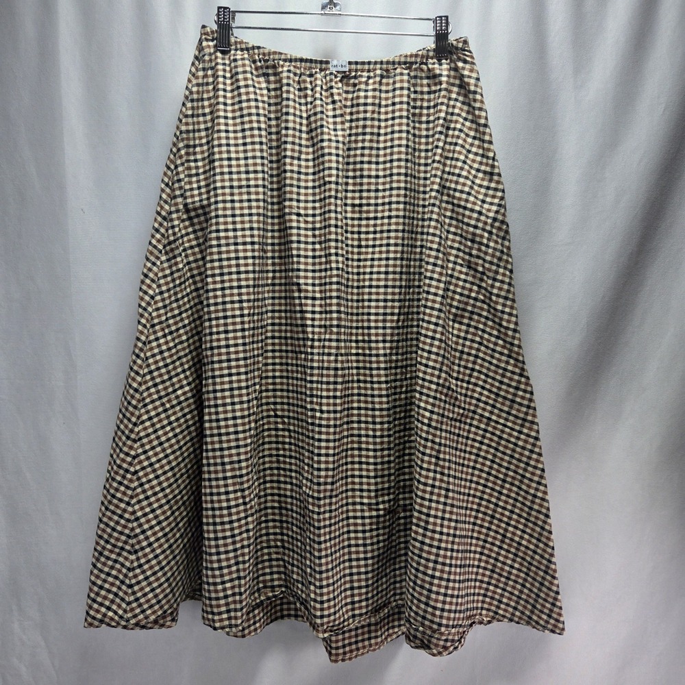 Rat Boi Brown Gingham Plaid Cotton Midi Skirt Pockets Elastic Waist Womens Large